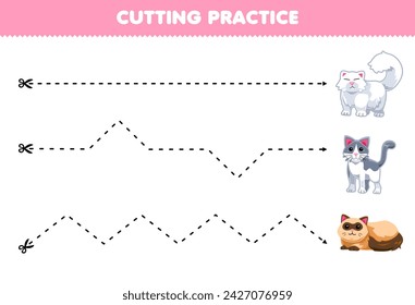 Game for children cutting practice with cute cat picture printable pet worksheet