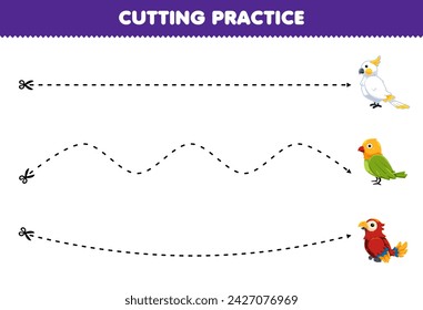 Game for children cutting practice with cute bird picture printable pet worksheet