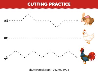 Juego para niños que cortan la práctica con la hoja de trabajo de mascota imprimible lindo de la imagen del conejo y del pollo