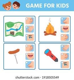 Game for children to develop logic. Five senses illustrations. Sight, hear, smell, taste, touch. Match of sense organs and objects.Activity for pre sсhool years kids and toddlers.