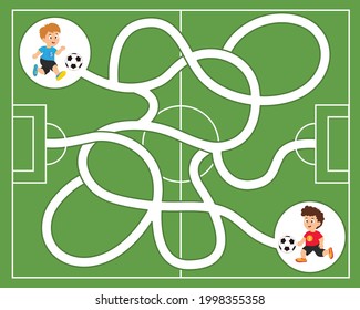 A game for children to develop logic. Go through the maze and count the soccer balls. Printable worksheet. Vector illustration