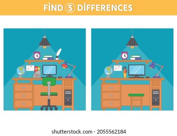 A game for children to develop logic and mindfulness. Find 5 differences in the picture. The student's workplace is a desk and accessories. worksheet for printing. Vector illustration