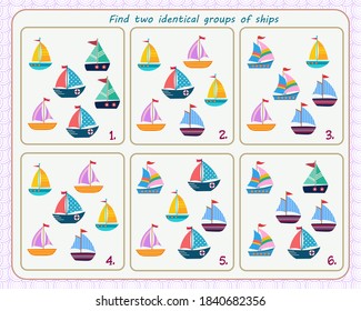 A game for children. Development of attention. Find two identical groups of ships