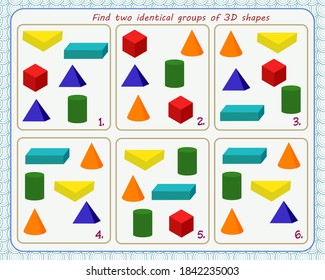  Un jeu pour les enfants. Développement de l'attention. Rechercher deux groupes identiques de formes 3D