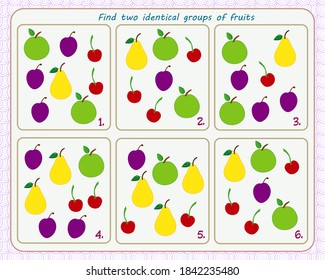 A game for children. Development of attention. Find two identical groups of fruits