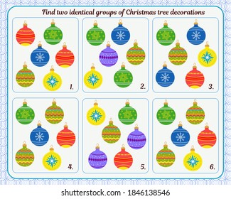 A game for children. Development of attention. Find two identical groups of Christmas tree decorations