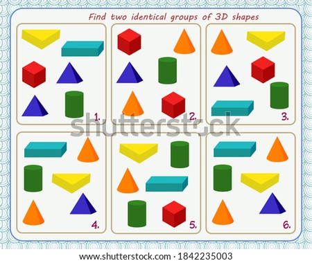  A game for children. Development of attention. Find two identical groups of 3-D shapes