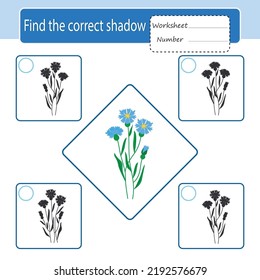 Game for children. The development of logic and attention. Find the correct shadow. Cornflower. Printable activity sheet. Vector illustration.