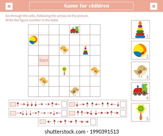 A game for children. Development of spatial thinking. Go through the cells, following the arrows to the picture. Mark the figure number in the table