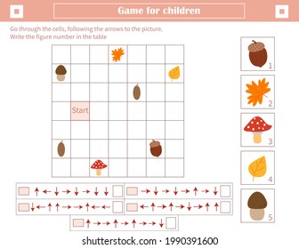 Un juego para los niños. Desarrollo del pensamiento espacial. Pasar por las celdas, siguiendo las flechas de la imagen. Marcar el número de figura en la tabla