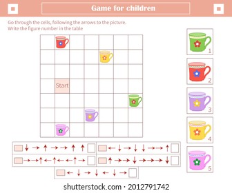 A game for children. Development of spatial thinking. Go through the cells, following the arrows to the picture. Mark the figure number in the table