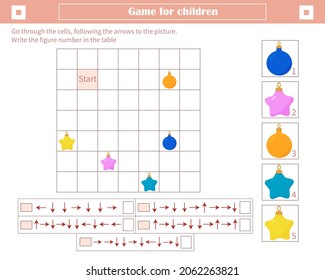 A game for children. Development of spatial thinking. Go through the cells, following the arrows to the picture. Mark the figure number in the table