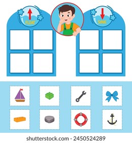 Juego para niños. Distribuye los objetos: hundiéndose o flotando. Juego de puzzle. Ilustración vectorial para impresión