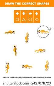 Game for children draw the correct shape according to the direction of a cute gecko pet worksheet