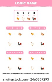 Game for children draw lines according to the number sequences of cute farm animal pet worksheet