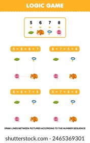 Game for children draw lines according to the number sequences of cute cat and stuff pet worksheet