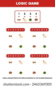 Game for children draw lines according to the number sequences of cute dog and stuff pet worksheet