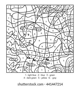 Game for children, education game for children. Color by number (rhino and background), black and white illustration