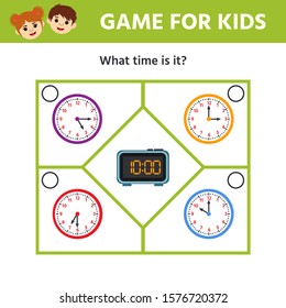 Game for children. Educational worksheet for preschool kids. Puzzle with clock and numbers. What time is it? Vector illustration