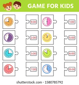 Game for children. Educational worksheet for preschool kids. Puzzle with clock and numbers. What time is it? Vector illustration