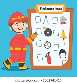 Game for children. Extra items, fire equipment and tools. Vector illustration. A game to develop attentiveness and logic in preschool children.