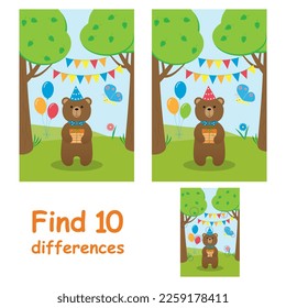 Game for children. Find 10 differences. Cute bear with a gift in the forest.