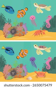 Jogo para crianças, encontrar 10 diferenças no recife de coral. Tarefas lógicas para ilustração vetorial de pré-escolares.