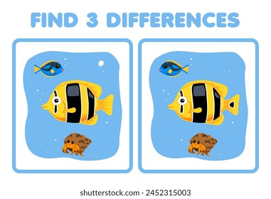 Juego para niños encuentra 3 diferencias entre 2 peces lindos en la hoja de cálculo de mascotas de la imagen del agua