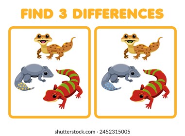 Game for children find 3 differences between 2 cute gecko picture printable pet worksheet