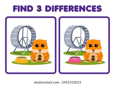 Game for children find 3 differences between 2 cute hamster picture printable pet worksheet