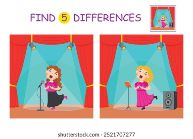 Game for children. Find 5 differences in the picture. A girl singing on stage in a concert hall. Vector card for printing. Develops logic and attention. Suitable for preschool children.