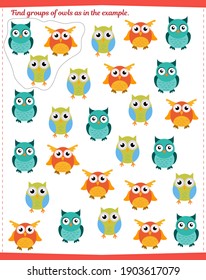 A game for children. Find all groups of owls and circle them as shown in the sample.
