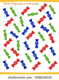 Ein Spiel für Kinder. Finden Sie alle Stoffgruppen und kreisen Sie sie wie in der Probe gezeigt.