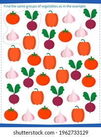 A game for children. Find all groups of vegetables
specified in the template