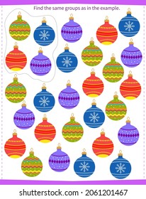 A game for children. Find all the groups of Christmas balls and circle them as shown in the sample.