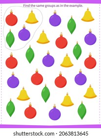 A game for children. Find all the groups of Christmas balls and circle them as shown in the sample.