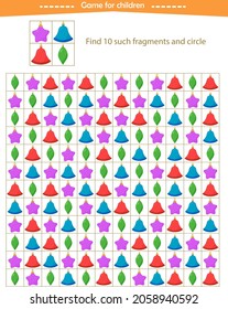 A game for children. Find the Christmas tree decorations shown in the sample. Development of attention, thinking