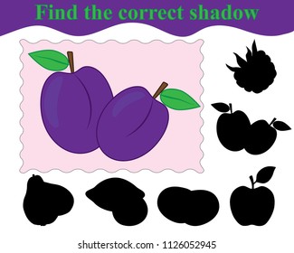 Game for children. Find the correct shadow of plums. Education. Vector illustration.