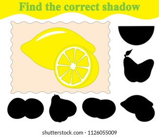 Game for children. Find the correct shadow of lemons. Education. Vector illustration.