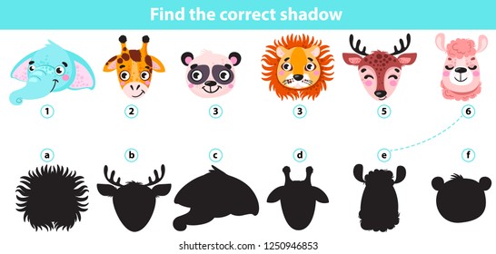 Game for children: find the correct shadow (elephant, giraffe, panda, lion, deer, llama). Vector illustration