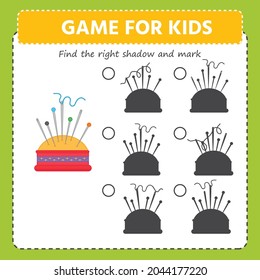 Un juego para los niños. Encuentra la sombra correcta. Cuchillo de estaño con agujas y roscas. El desarrollo de la lógica en los niños. Ilustración vectorial para impresión