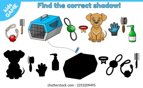 Game for children. Find the correct shadow. Cartoon puppy and dog accessories. Kids learning games collection. Colorful vector illustrations in childish style.