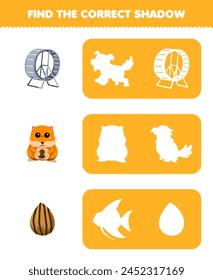 Game for children find the correct shadow silhouette of cute hamster and stuff pet worksheet