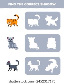 Game for children find the correct shadow silhouette of cute cat printable pet worksheet