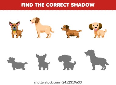 Juego para los niños encontrar el conjunto de sombras correcto de lindo perro imagen imprimible hoja de trabajo para mascotas