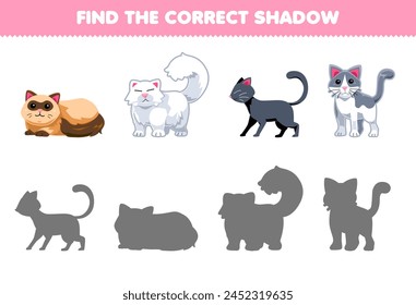 Game for children find the correct shadow set of cute cat picture printable pet worksheet