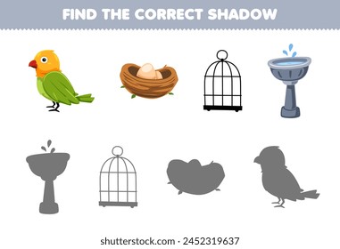 Juego para niños encontrar el conjunto de sombras correcto de lindo pájaro y cosas de la imagen de impresión de la hoja de trabajo del animal doméstico