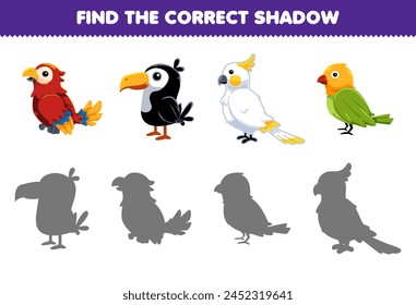 Game for children find the correct shadow set of cute bird picture printable pet worksheet