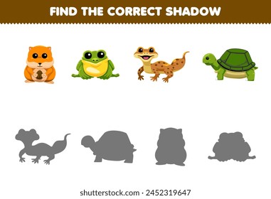 Game for children find the correct shadow set of cute hamster frog gecko and turtle pet worksheet