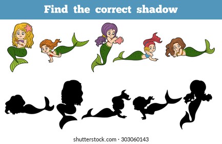 Game for children: find the correct shadow (a group of mermaids)